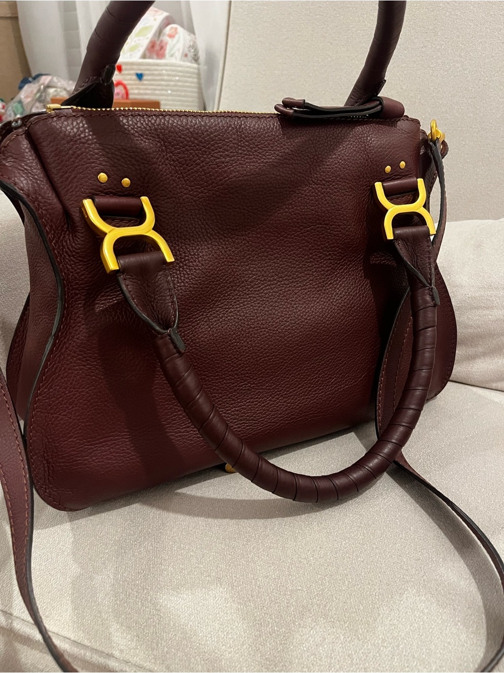 Chloe Marcie medium Women's Leather Satchel Bag in Deep Burgundy - Picture 2 of 7